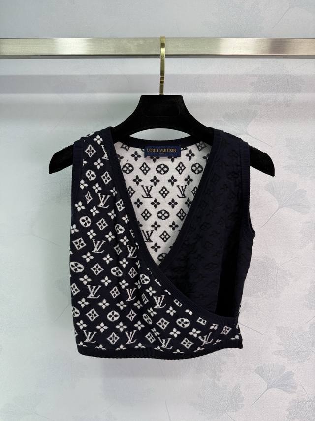 Lou*2025 Spring and Summer new knitted vest dark blue with white monogram patter