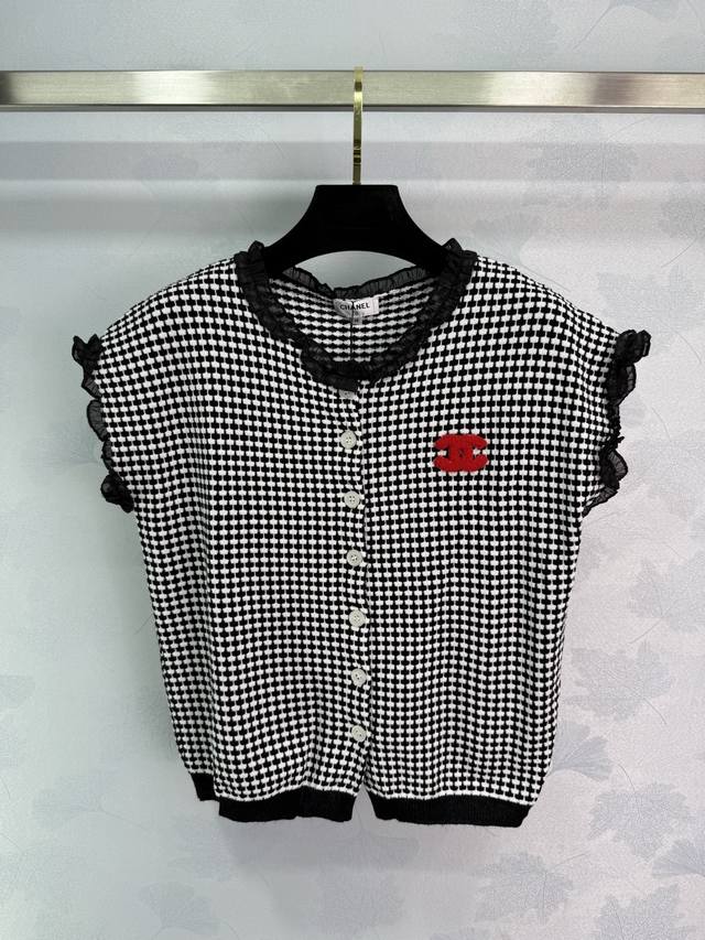 Chanel*2025 Spring and Summer new houndstooth short-sleeved cardigan Black and w