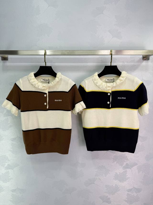 Miu*2025 new summer striped knitted short sleeves with lace collar, color matchi