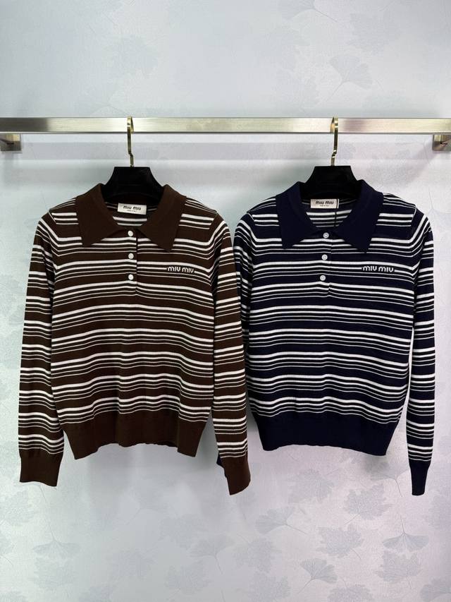 Miumi*25 Early spring new striped Polo knitted tops, loose fit, lazy and fashion