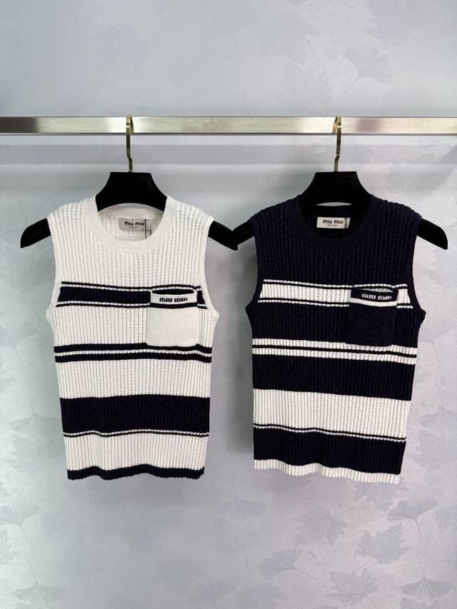 Miumi*25 Spring and summer new knitted vest classic striped stitching design let