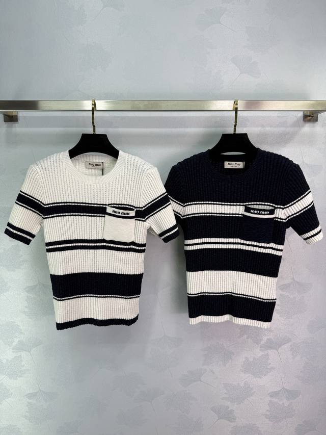 Miumi*25 Spring and summer new knitted short sleeves classic striped patchwork d
