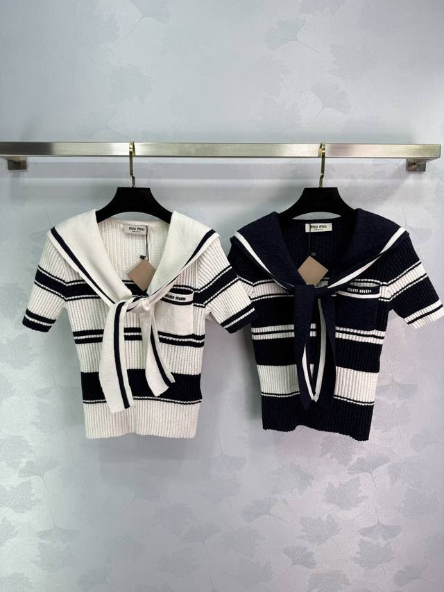 Miumi*25 Spring and summer new knitted short sleeves navy collar tie design clas