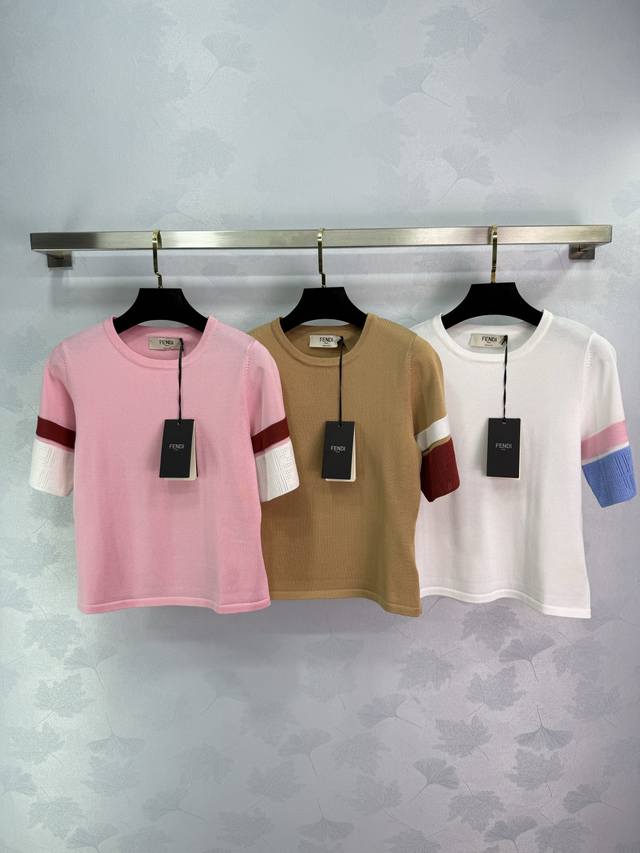 Fe*2025 Spring and Summer new short-sleeved sweater cuff contrast color design s