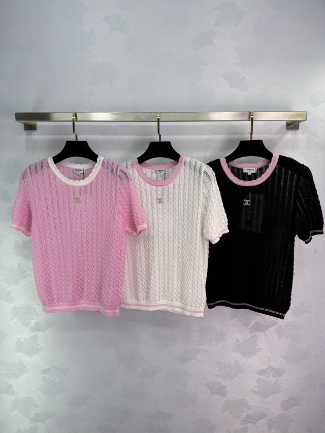 Ch*2025 Spring and Summer new knitted short-sleeved top with round neck pullover