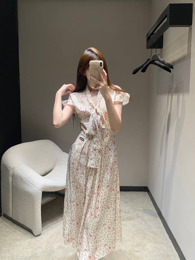 Miumi* 25Fw Early Autumn New Floral Print V-Neck Lace-up Bow Waist Long Short Sl
