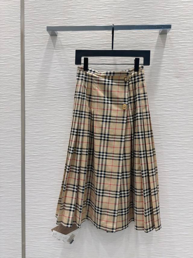 Burberr* 2025Ss new pleated long skirt with British print, comfortable and styli