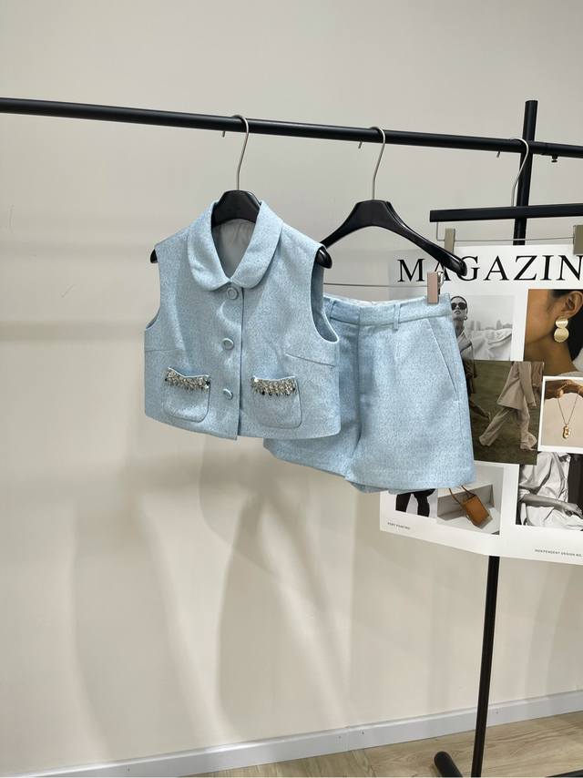 Jy light blue diamond vest + shorts set DDD. One set, sold unseparated! Fabric: