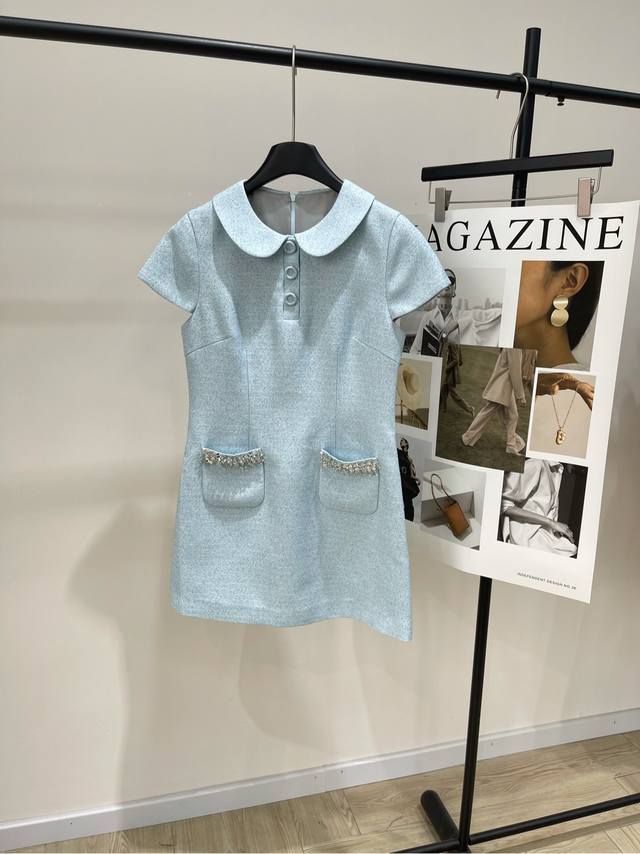 Jy light blue rhinestone tweed short-sleeved skirt ., Fabric: Cotton and wool bl
