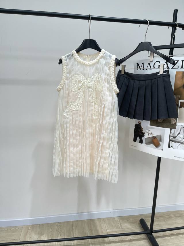 Dz beige pleated bow mesh vest skirt ., Fabric: polyester fiber + mesh Color: be