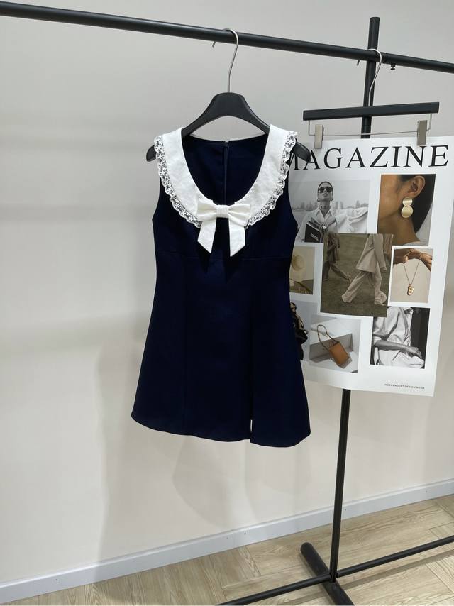 Sst Neckline Bow U-neck vest dress ., Fabric: Cotton blend Color: Navy blue and