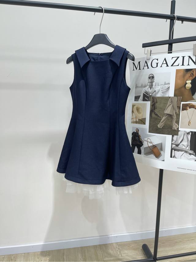 Sst navy blue lapel splicing mesh sleeveless dress ., Fabric: polyester fiber +