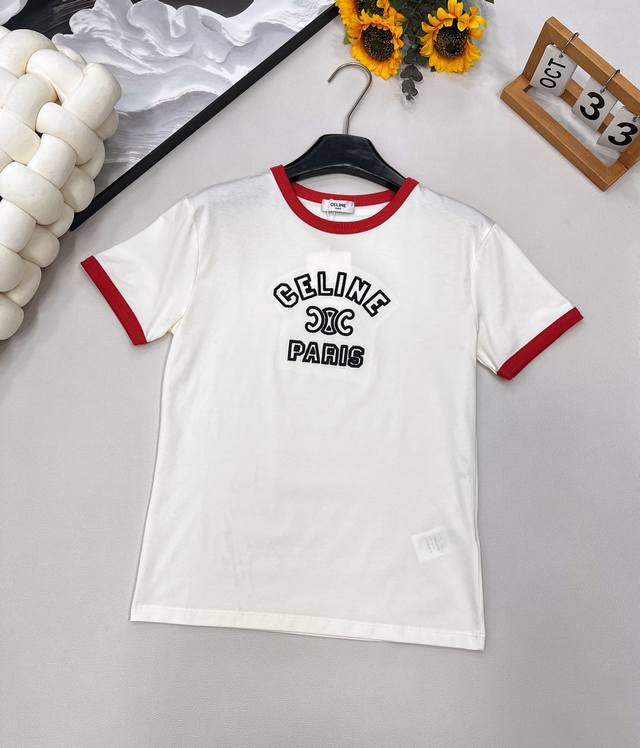 Celine new letter embroidery orange-red contrast edge round neck short-sleeved T
