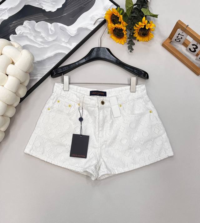 Louisvuitton 25Ss Spring and Summer new full print jacquard white denim shorts |