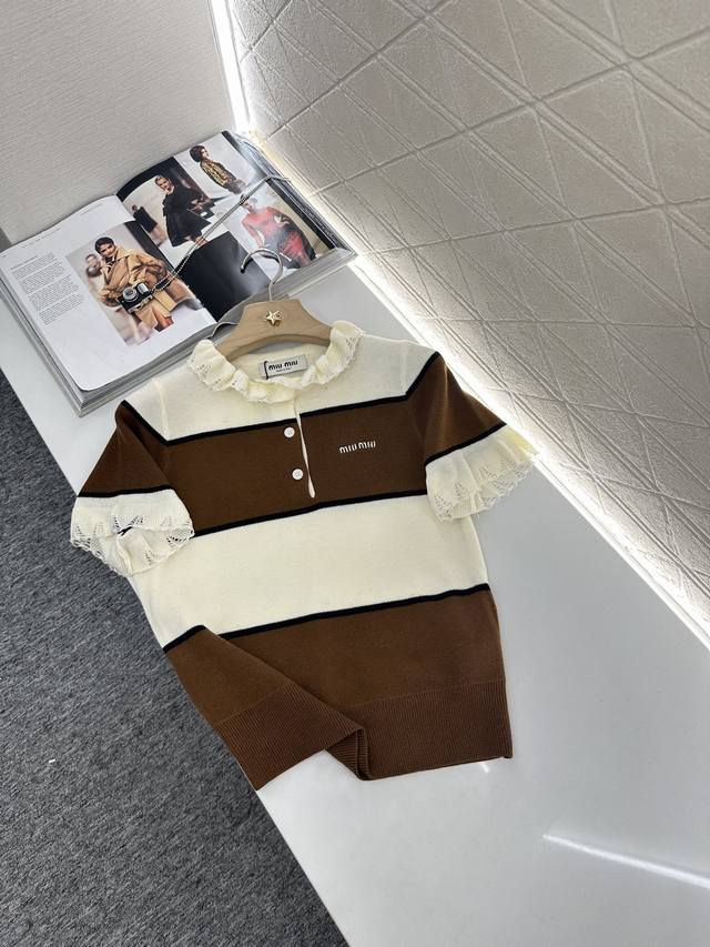 Miumi*2025 New arrivals Lace striped knitted short sleeves Customized Yb wool ya