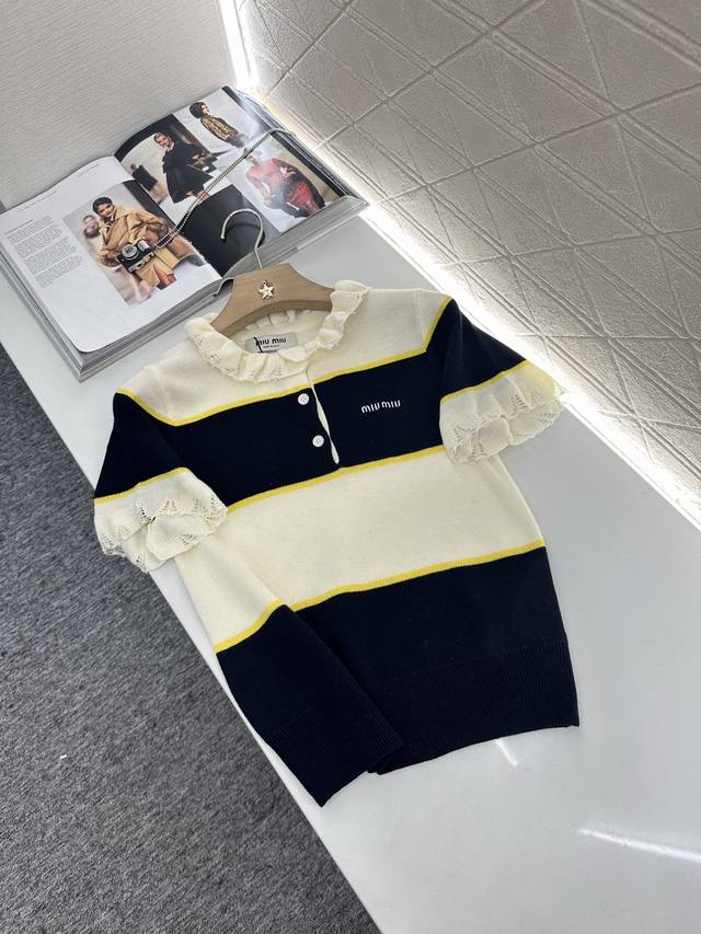 Miumi*2025 New arrivals Lace striped knitted short sleeves Customized Yb wool ya
