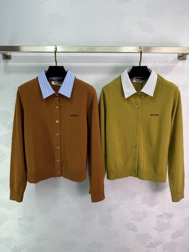 Miu*2025 Early Autumn New Style Knitted Cardigan Fake Two-piece Set Pure Color S