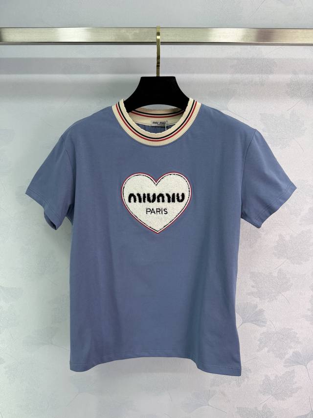Miumi*25 New style short-sleeved T-shirt with love letter towel embroidery Made