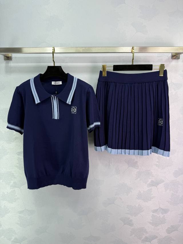 Loe*2025 new knitted suit Polo collar top with pleated skirt Colorblock ribbed c