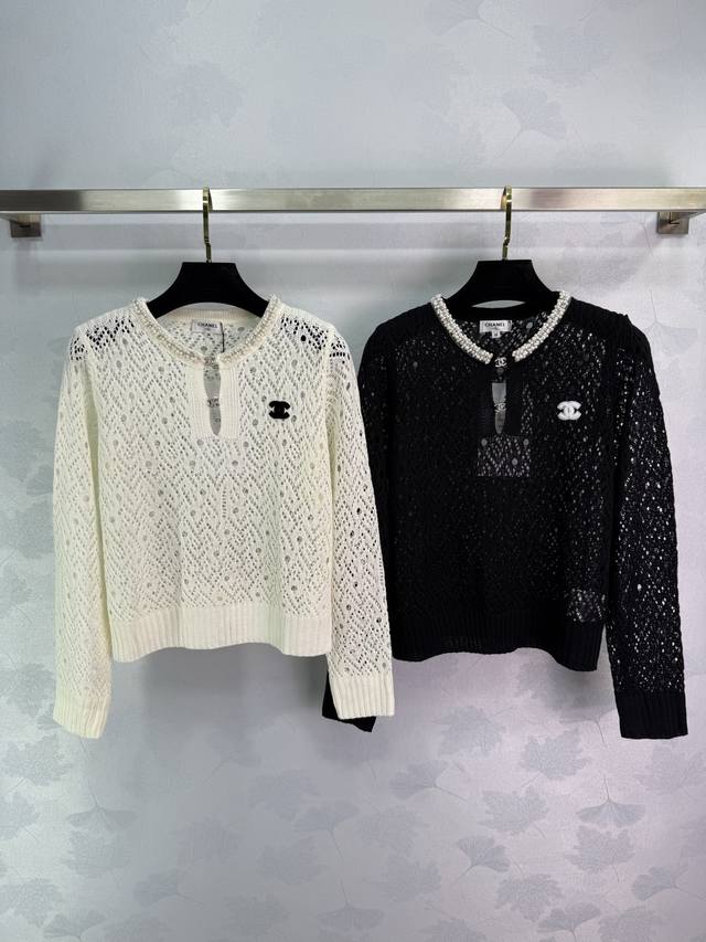 Chanel*2025 Early Autumn new hollow knit sweater Exquisite double C logo embelli