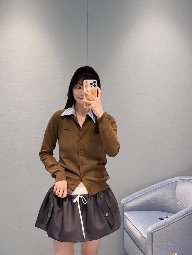Miumi* 25Fw Early Autumn New Letter Jacquard Shirt Collar Knitted Cardigan | Exc