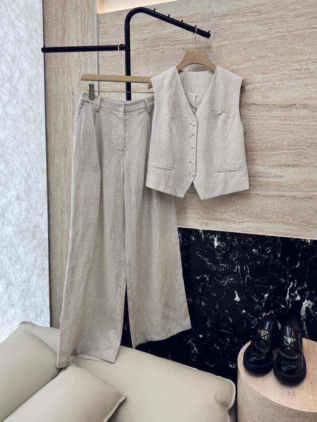Lm007#New suit 70% Tencel 30% Linen slim vest top trousers suit white linen natu