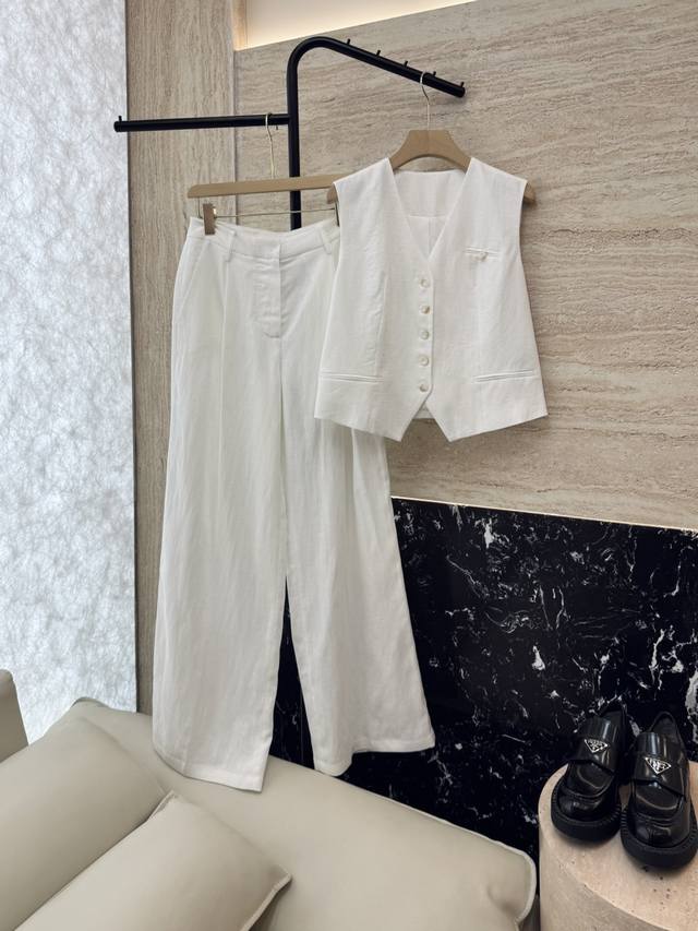 Lm007#New suit 70% Tencel 30% Linen Slim vest top trousers suit white linen natu
