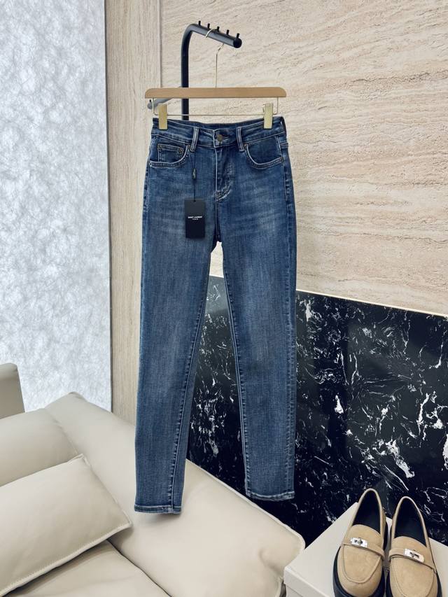 Cx023# New jeans Ysl letter print stretch denim cotton slim jeans black blue 26-