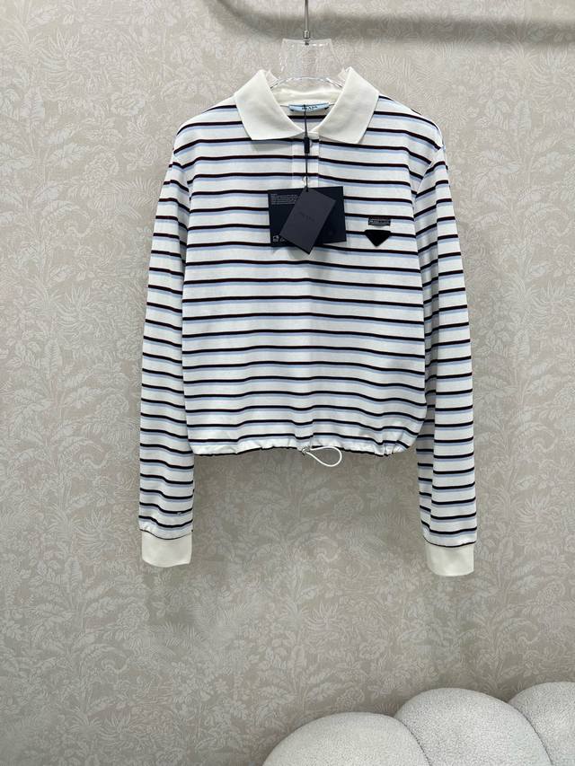 Prad*25 New! Lapel Polo long-sleeved T-shirt with elastic drawstring design on t