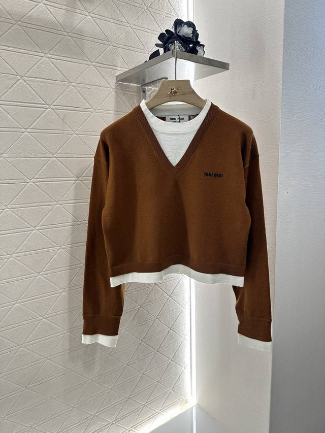 Miumi*2025 New arrivals Contrast color knitted long-sleeved pullover sweater Cus