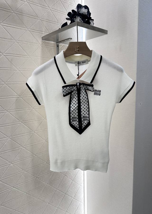 Miumi*2025 New arrivals Bowknot lapel knitted short sleeves Customized Yb cotton