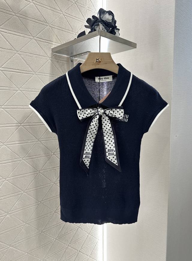 Miumi*2025 New arrivals Bowknot lapel knitted short sleeves Customized Yb cotton