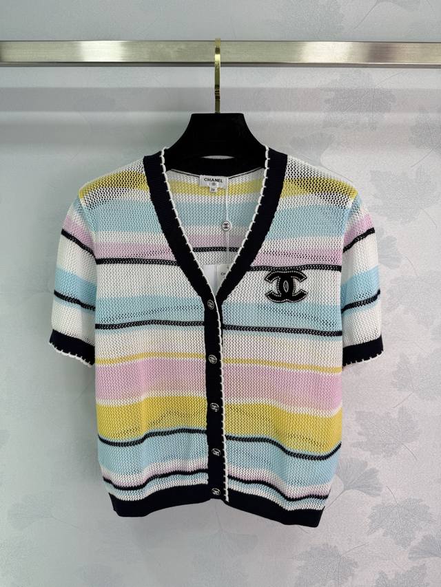 Ch*2025 Spring and Summer new rainbow striped knitted cardigan with beautiful ca