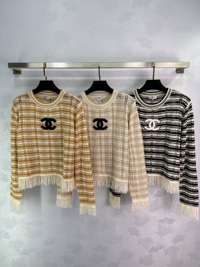 Ch*2025 new striped sweater with strong tassel design, double C logo on the ches