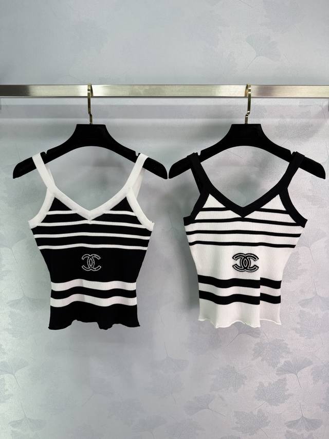 Ch*2025 Spring and Summer new black and white striped knitted camisole with doub