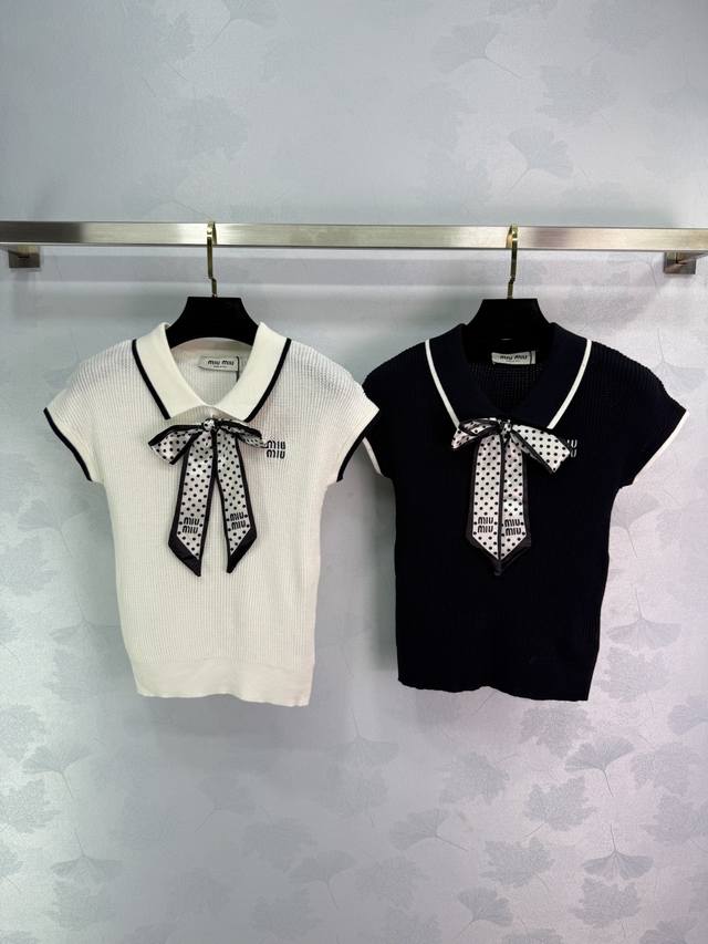 Miu*2025 new summer knitted short-sleeved top with exquisite polka dot bowknot o