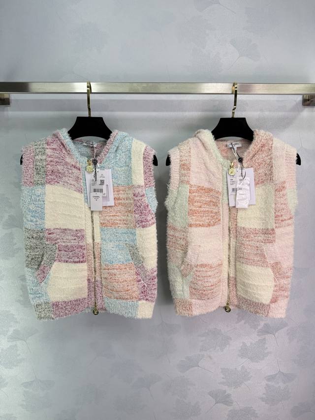 Ch*25A New style zipper hooded vest Special yarn bubble check pattern Soft and c