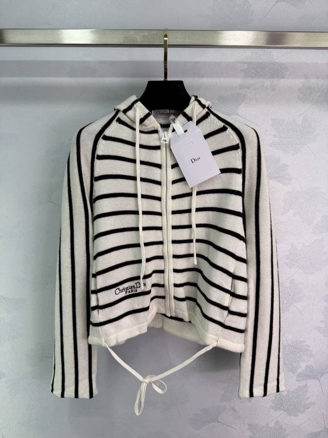 Dio*2025 Early Autumn New Black and White Striped Hooded Cardigan Classic Stripe