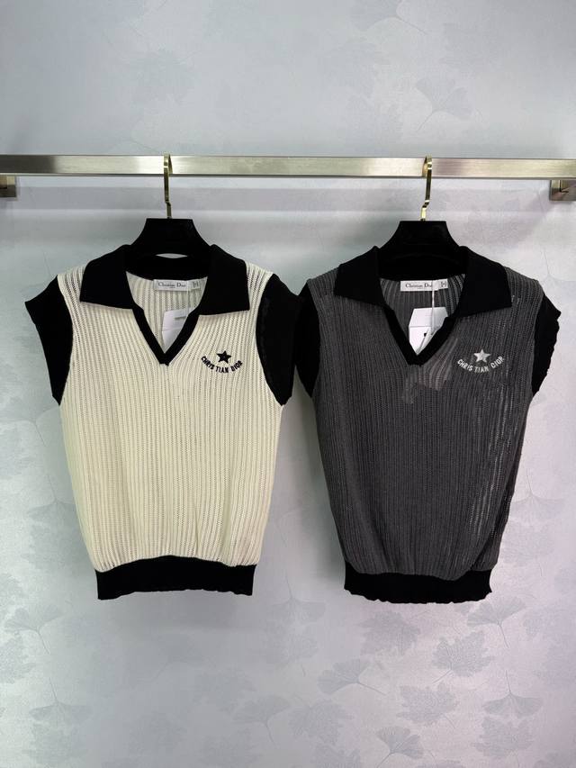 Dio*2025 New summer knitted lapel vest with black and white color matching desig