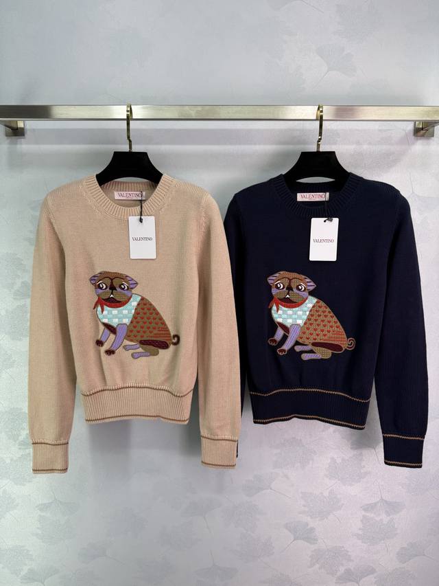 Va*2025 Early Autumn New Puppy Embroidery Sweater Cute Puppy Pattern on the Ches