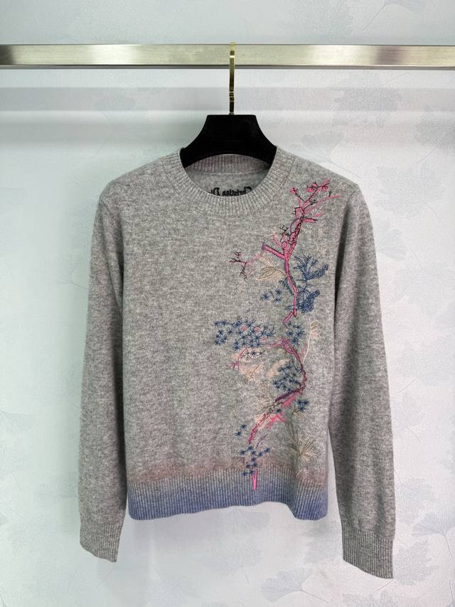 Dio*Gray cashmere embroidered sweater, exquisite floral pattern, pink and blue g