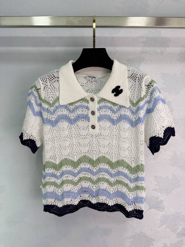 Ch*2025 Spring and Summer new knitted Polo shirt, white base with blue and green