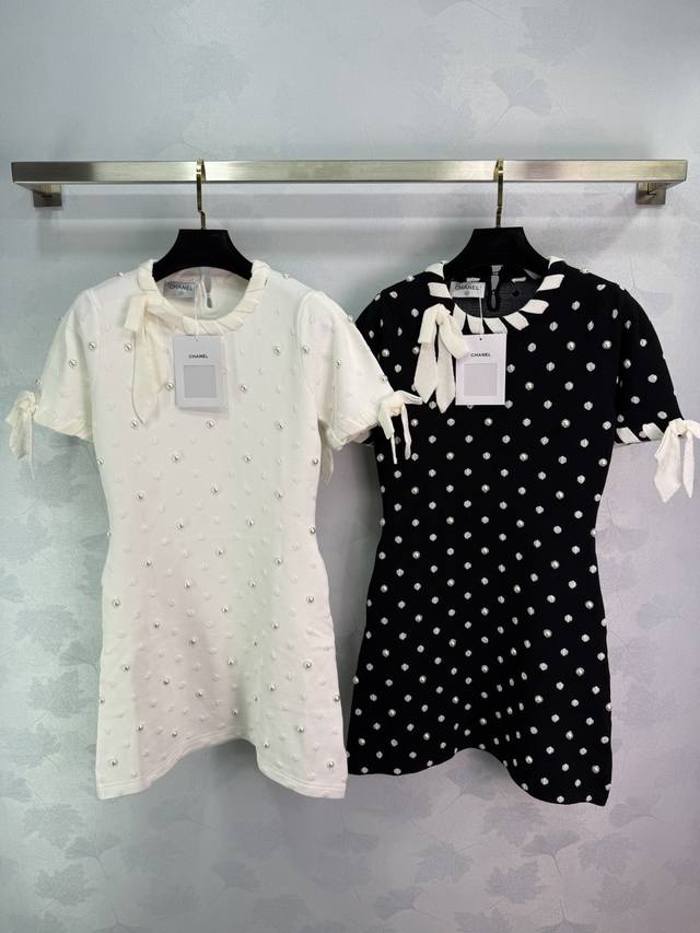 Ch*25 New pearl polka dot dress with a bow design on the chest, full of pearls,