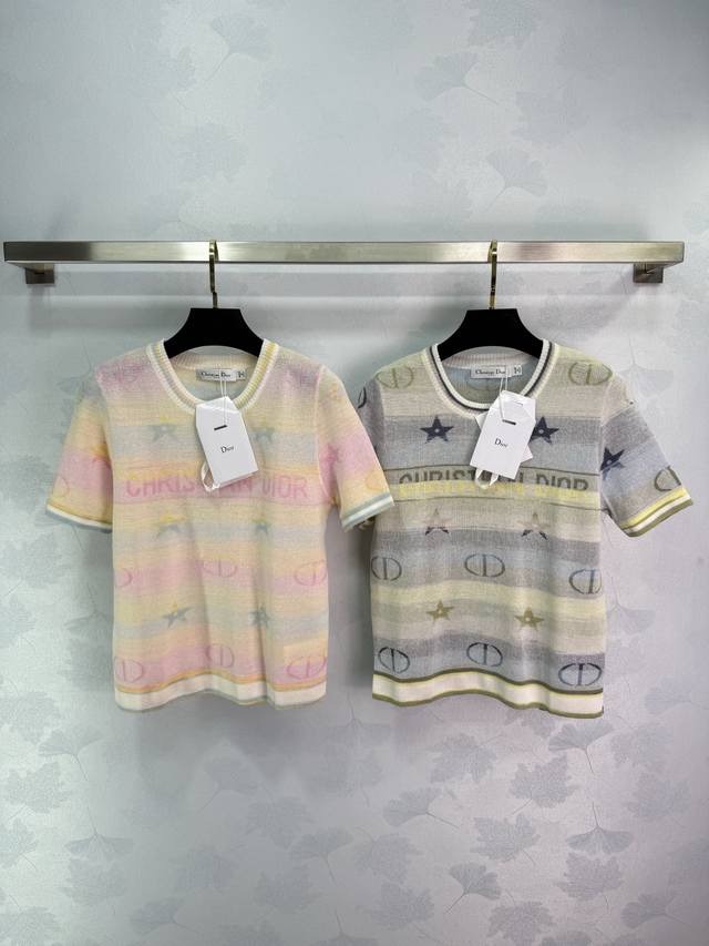 Dio*2025 Summer new knitted short sleeve round neck design double C letter + sta