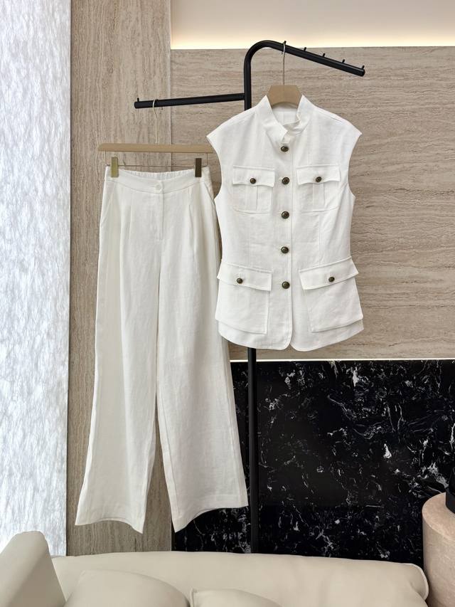 Xz097# New suit Lp Super hot sale 100% linen sleeveless vest trousers suit white