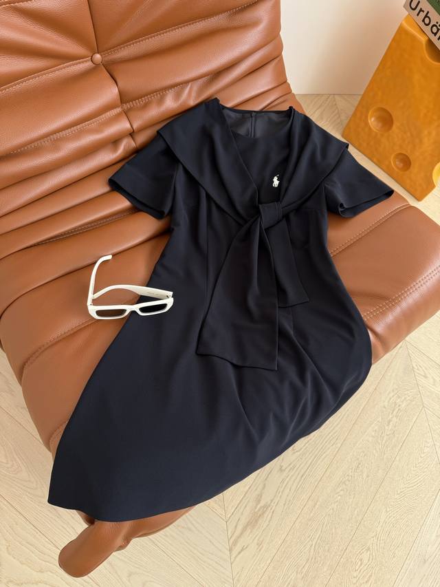Minimalist old money style 25Ss Pony embroidery navy blue cape dress casual and