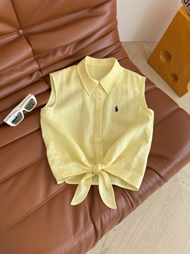 A very nice goose yellow pony embroidered lace-up shirt for summer. Wide should