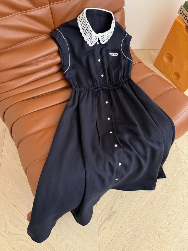 High-grade navy blue 25 lace crochet collar splicing navy blue dress, a long dr