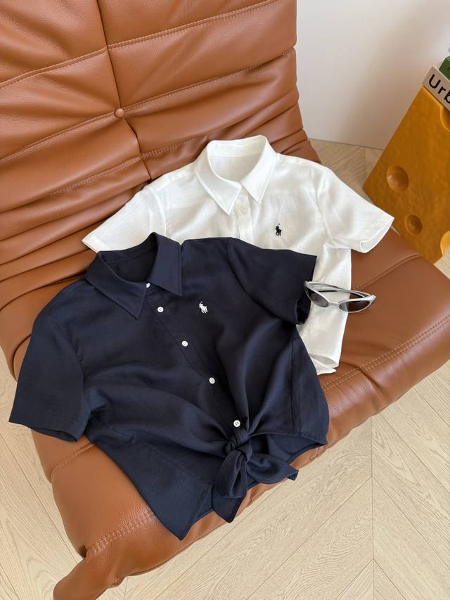 lazy casual style 25Ss Pony embroidered lace-up linen shirt is a must-have for