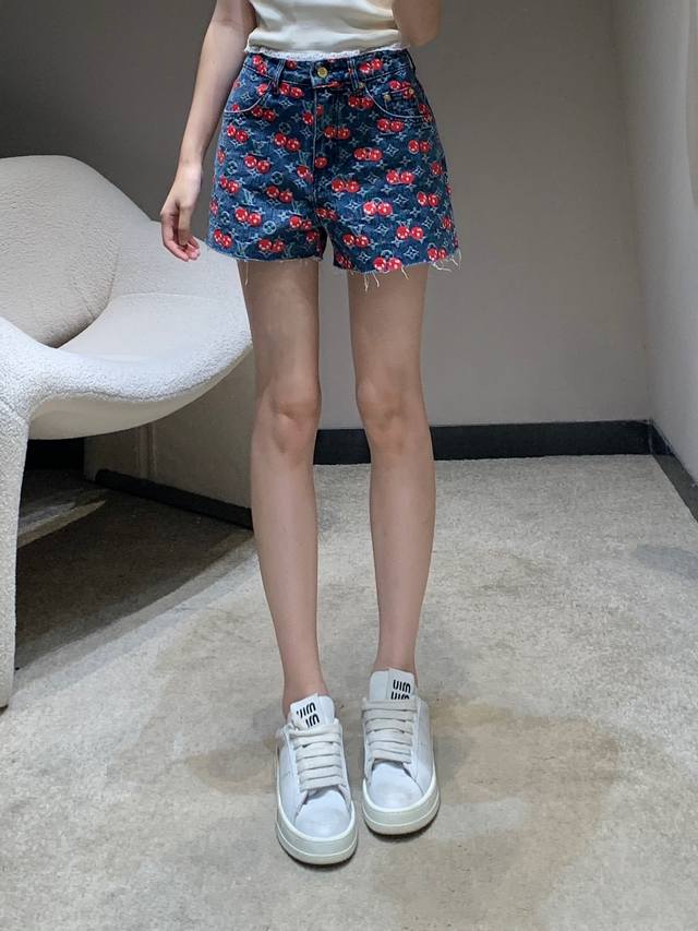 Louis Vuitt*N 25Fw Early Autumn New Style Cherry Full Printed Denim Shorts | Exc